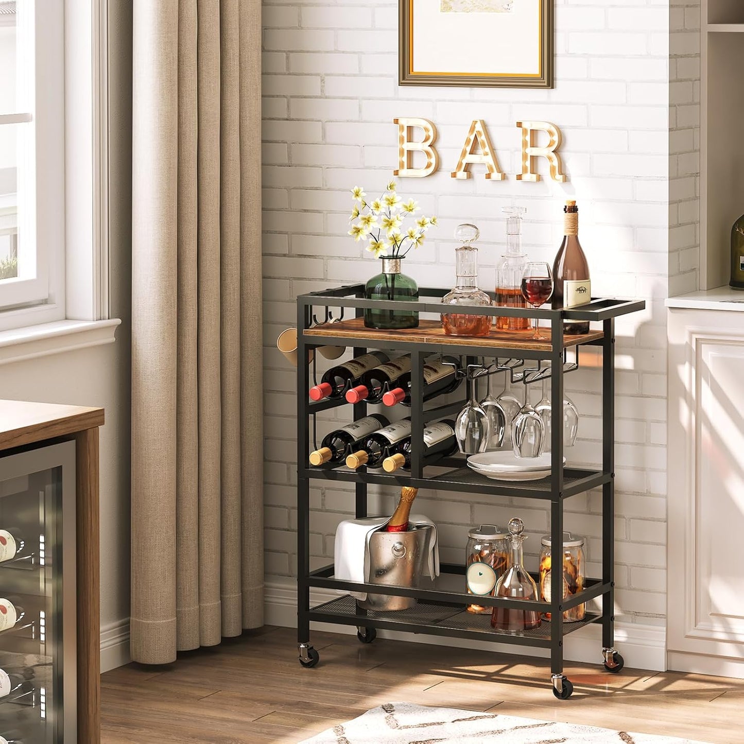 Bar Cart for Home, 3-Tier Serving Cart with Wheels and Handle, Beverage Cart with Wine Rack and Glass Holders, Rolling Wine Cart for Kitchen, Dining Room, Rustic Brown RCHR6101
