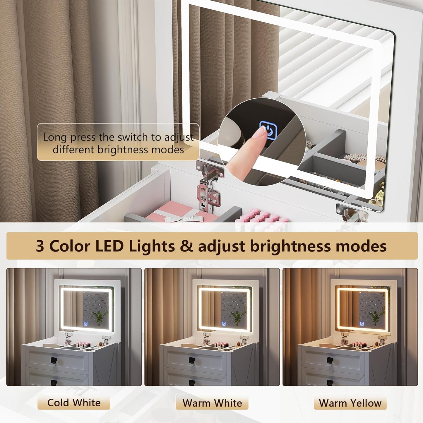 Farmhouse Vanity Desk with Mirror&Lights, 3 in 1 Small Makeup Vanity Set with Stool, Space-Saving Makeup Vanity with Storage Compartment, Dressing Table for Bedroom/Cloakroom, White