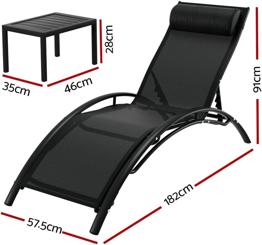 3Pcs Sun Lounge with Table, Camping Chair Lounger Day Bed Chaise Beach Chairs Outdoor Furniture Garden Patio Setting Pool Backyard, Adjustable Backrest Black