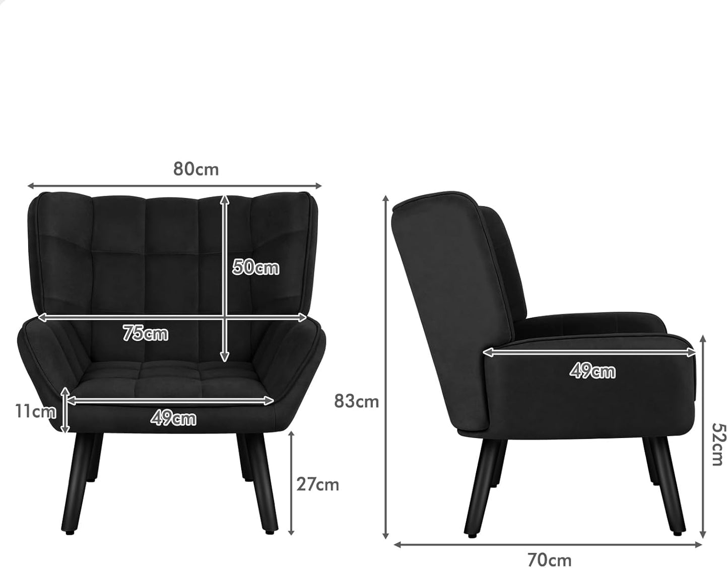 Armchair with Velvet Upholstery, Leisure Occasional Accent Chair with Solid Wooden Legs, Nursing Lounge Sofa for Reading Dressing Bedroom Living Room, Max 180Kg, Venus Black