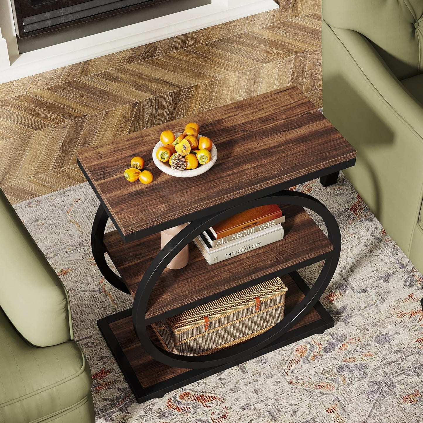 End Table, Narrow End Table with 3 Storage Shelves,
