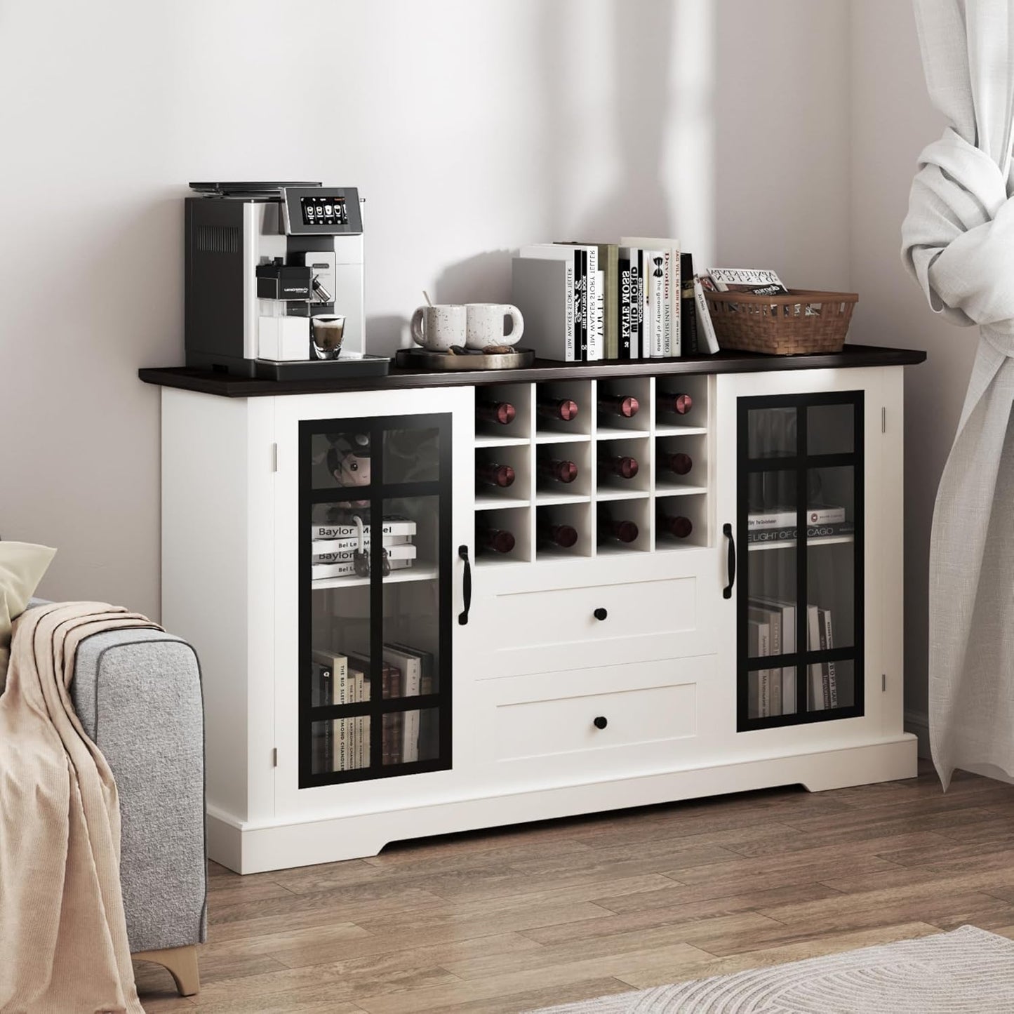 Farmhouse Buffet Cabinet with Storage, Large 59'' Sideboard Wine Coffee Bar Cabinet with 2 Glass Doors, Removable Wine Rack, Buffet Table Storage Cabinet for Kitchen,