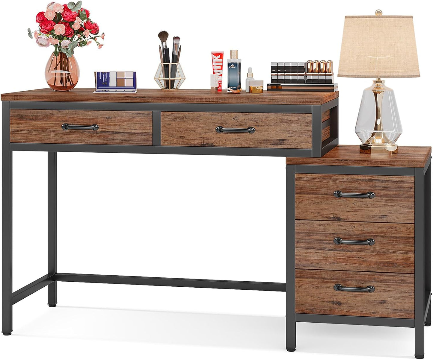 Vanity Desk with 5 Drawers, Makeup Vanity Table Dressing Table with Side 3-Drawer Chest, Make up Vanities for Women, Girls (Without Mirror)