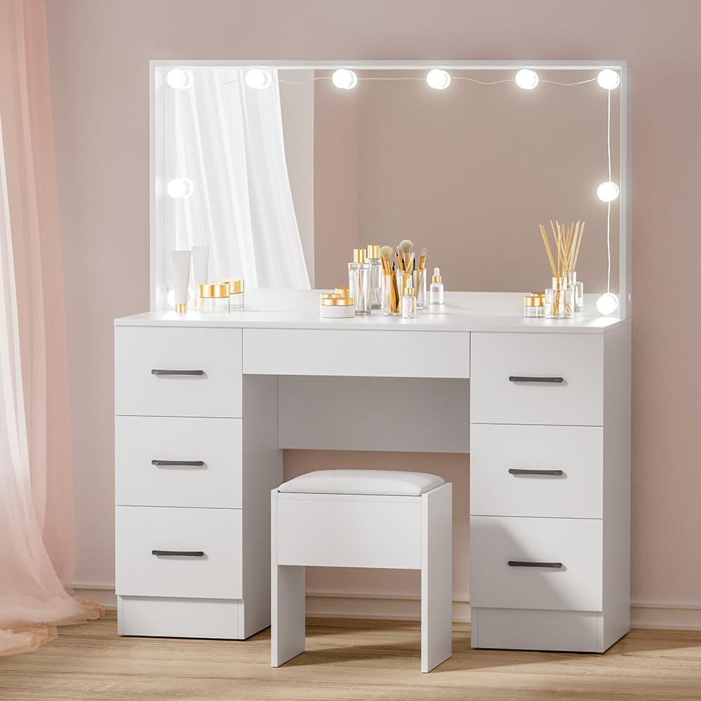 Vanity Table, 10 Bulbs LED Mirror Makeup Stool Set, 7 Drawers Shelves Wide Tabletop White