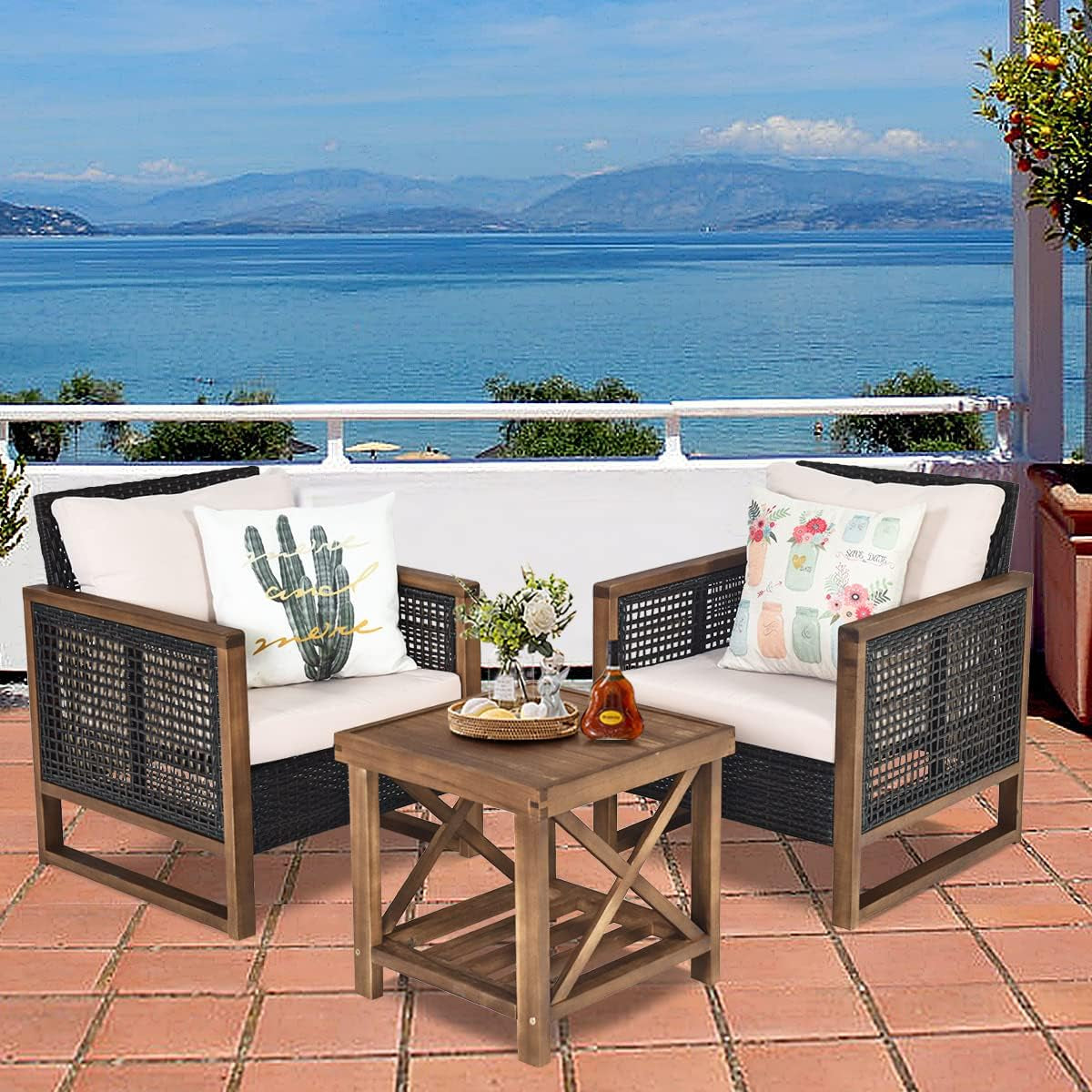 3-PCS Patio PE Rattan Chair Table Set, Wooden Wicker Furniture W/Solid Wood Frame, Soft Cushion, Coffee Table W/Shelf, Patio Conversation Sofa Setting for Balcony, Yard