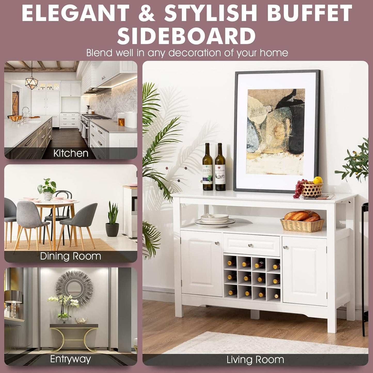 Wood Wine Cabinet, Sideboard Buffet (White)
