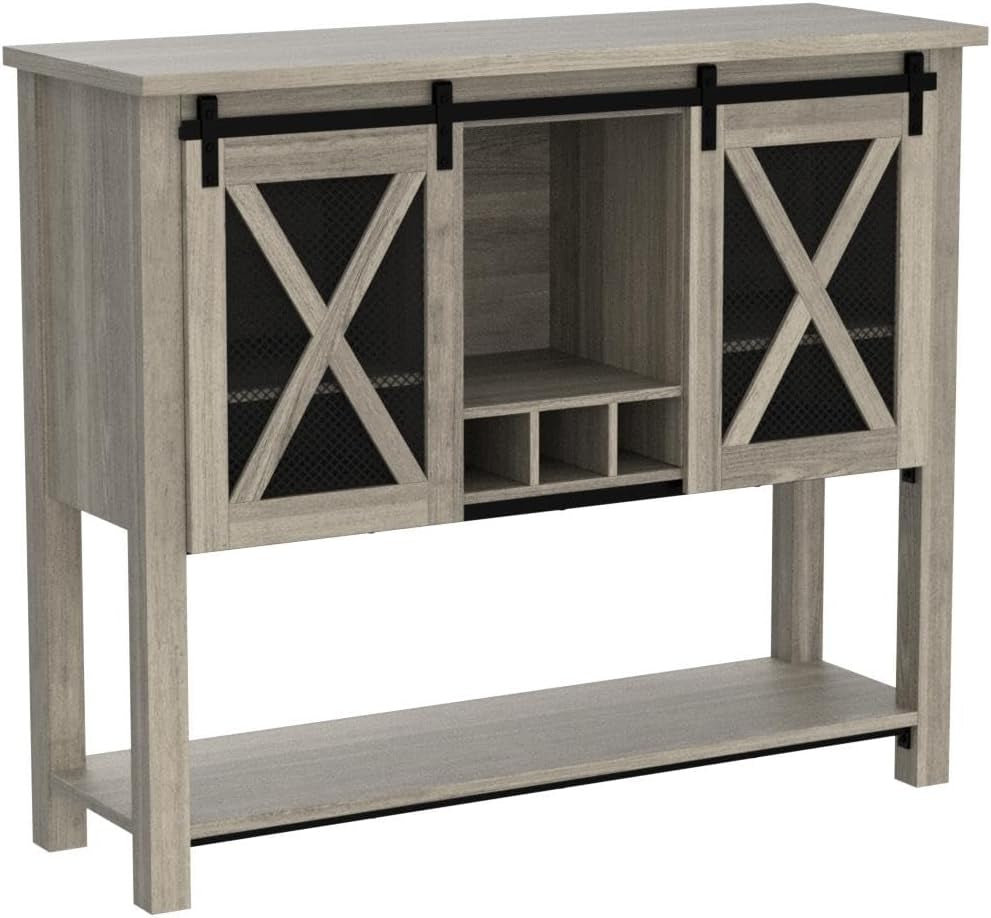 Coffee Bar Cabinet, Sideboard Buffet Storage Cabinet with Storage, Farmhouse Wine Bar Cabinet with Wine Glass Rack, Liquor Cabinet Bar for Home, Kitchen, Dining, Living Room, Grey