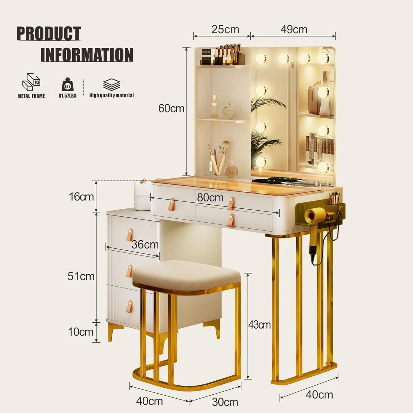 Vanity Table with Mirror and Lights with Drawers & 2 Shelves with 10 Light Bulbs/Charging Station, White