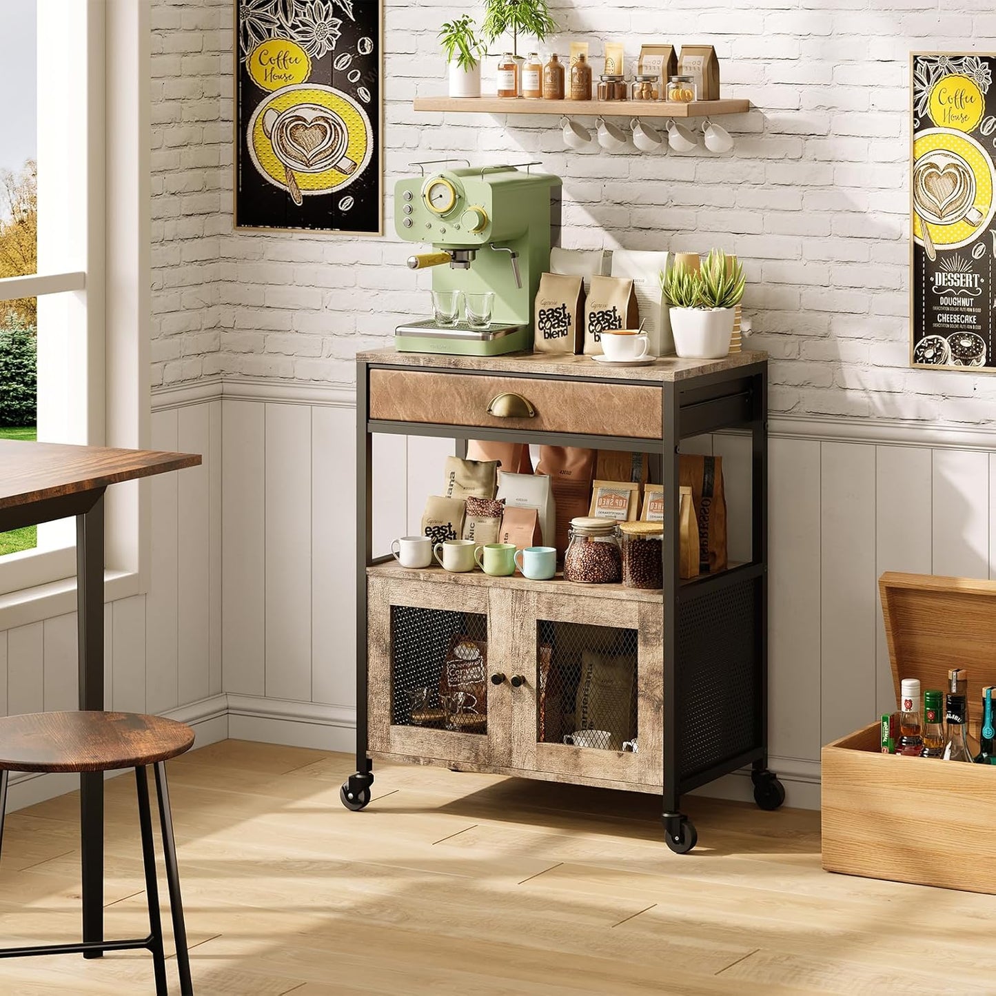 Coffee Bar Cabinet,3 Tiers Kitchen Coffee Cart with Drawer for the Home, Movable Farmhouse Coffee Station Table on Wheels for Living Room, Entryway, Dining Room, Kitchen