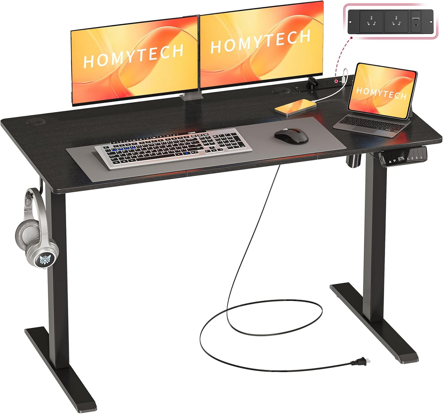 HOMETECH Electric Standing Desk, 120 X 60 Cm Sit Stand Desk with Power Outlets & Type-C/Usb, Height Adjustable Gaming Desk with 3 Smart Memory Height Settings, Hanging Hook, Cable Management, White