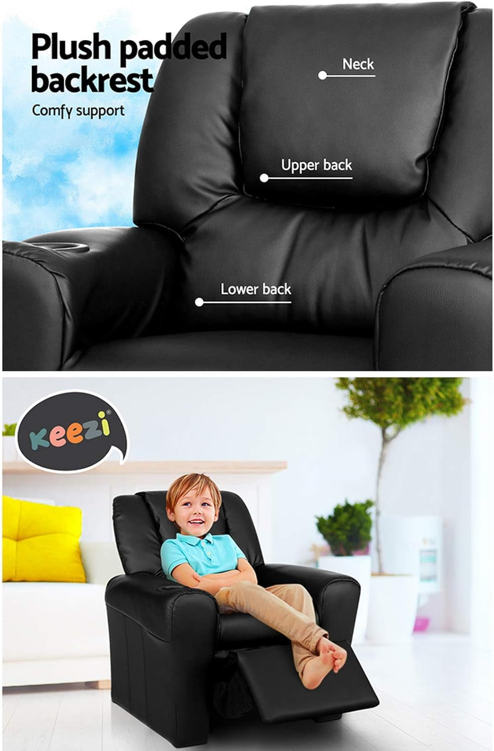 Keezi Kids Recliner Chair, PU Leather Sofa Couch Armchair Loungefly Outdoor Chairs Home Bedroom Living Room Playroom Children Furniture, with 9Cm Thick Foam Padding Precise Recline Adjustment Grey