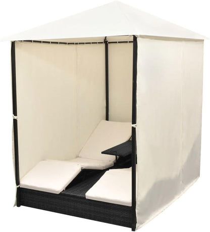 Chaise Lounge with Canopy Patio Furniture Outdoor Poolside Garden Adjustable Sun Lounge Poly Rattan Bed with Cushion for Patio Lawn Garden Backyard Porch Pool