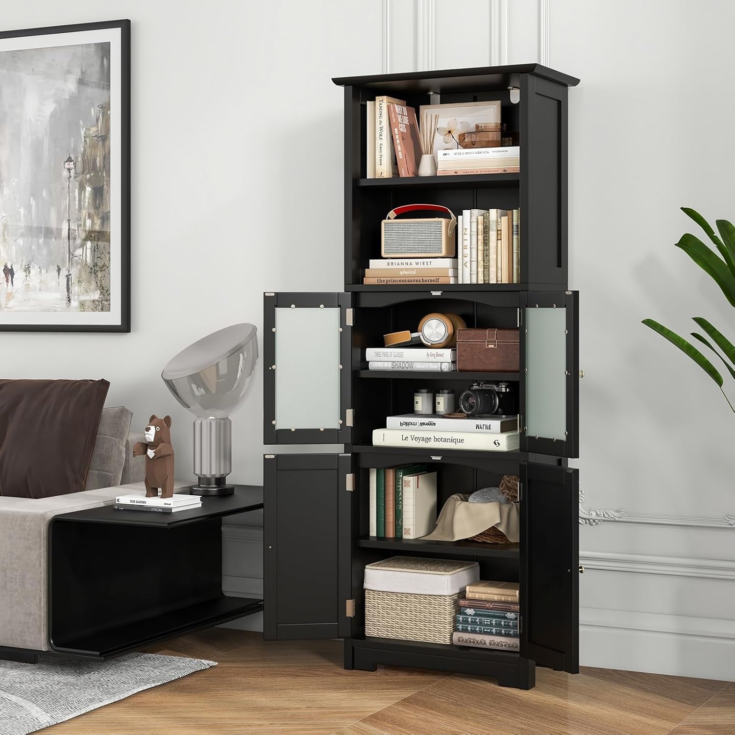 Giantex 163Cm Bathroom Storage Cabinet, Kitchen Pantry Cupboard with Glass Doors, Open Storage Shelves & 3-Level Adjustable Shelves, Tall Storage Buffet Sideboard for Living Room Kitchen, Black