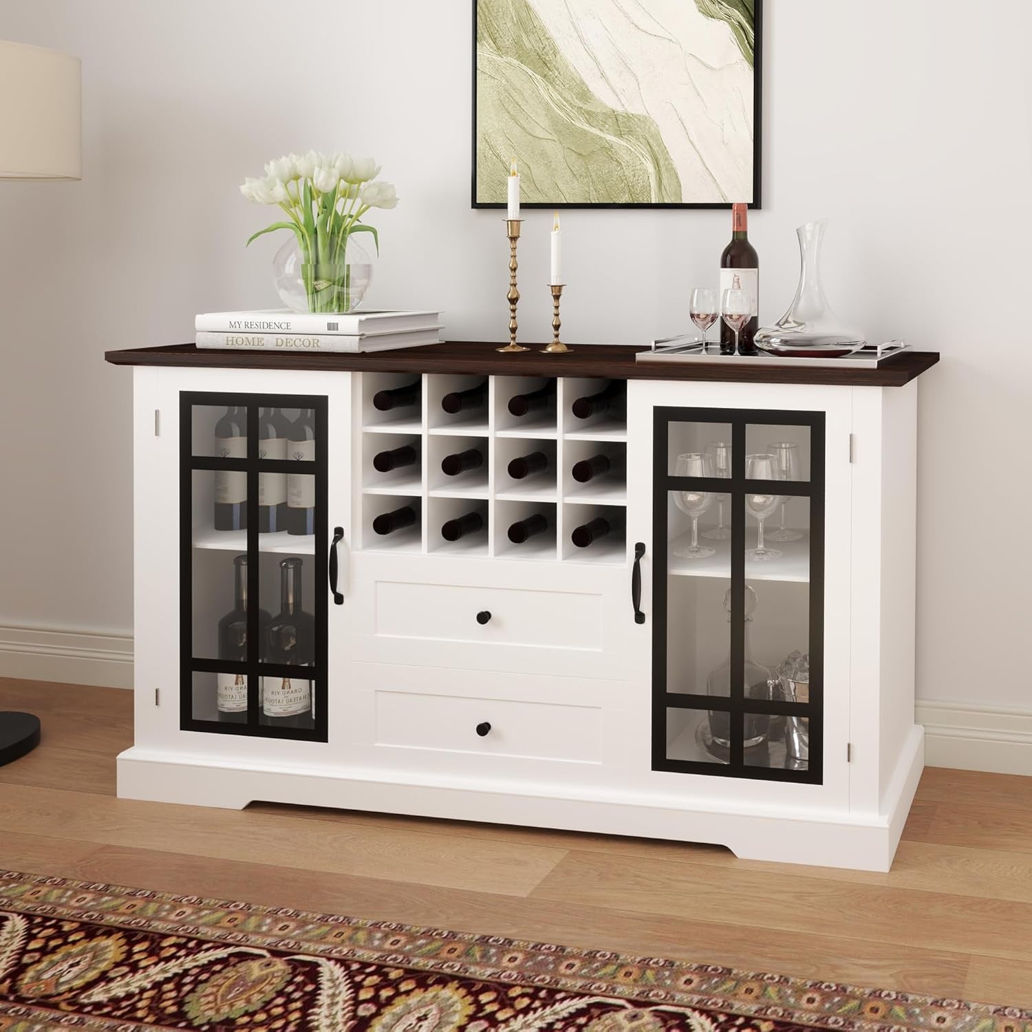 Farmhouse Buffet Cabinet with Storage, Large 59'' Sideboard Wine Coffee Bar Cabinet with 2 Glass Doors, Removable Wine Rack, Buffet Table Storage Cabinet for Kitchen, 