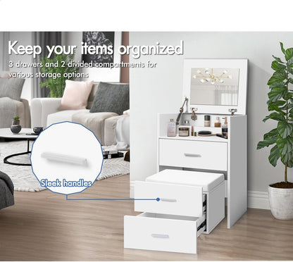 Vanity Desk, Dressing Table with Foldable Mirror and Multi Drawers, Small Makeup Desk with Hidden Stool, Corner Bedside Dressing Desk Chair Set for Bedroom Dressing Room, White