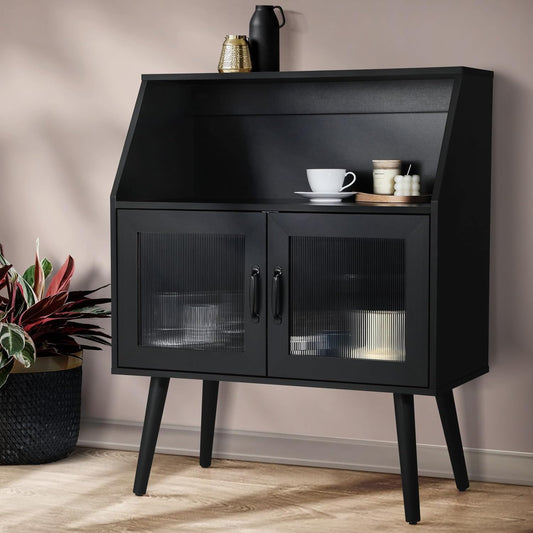 Sideboard Buffet Cabinet with Open Shelf, Glass Doors and 2 Tier Storage Cabinet Coffee Bar Table
