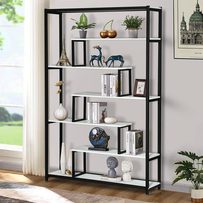 Six Tier Bookshelf Bookshelf Industrial Multi-Level Bookcase Storage Rack Display Shelf Unit for Home and Office White