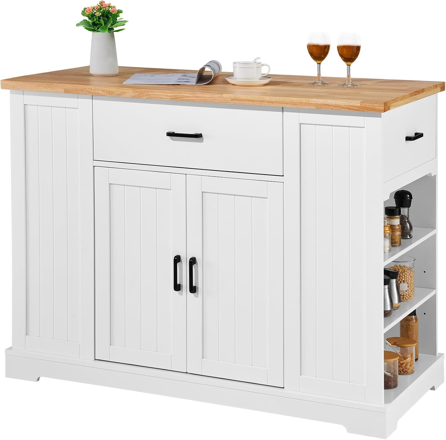 Kitchen Island Cart, 46" Wood Top Breakfast Bar with Storage Cabinet, Farmhouse Kitchen Table with Adjustable Shelf, Drawer, for Dining Kitchen Living Room, White
