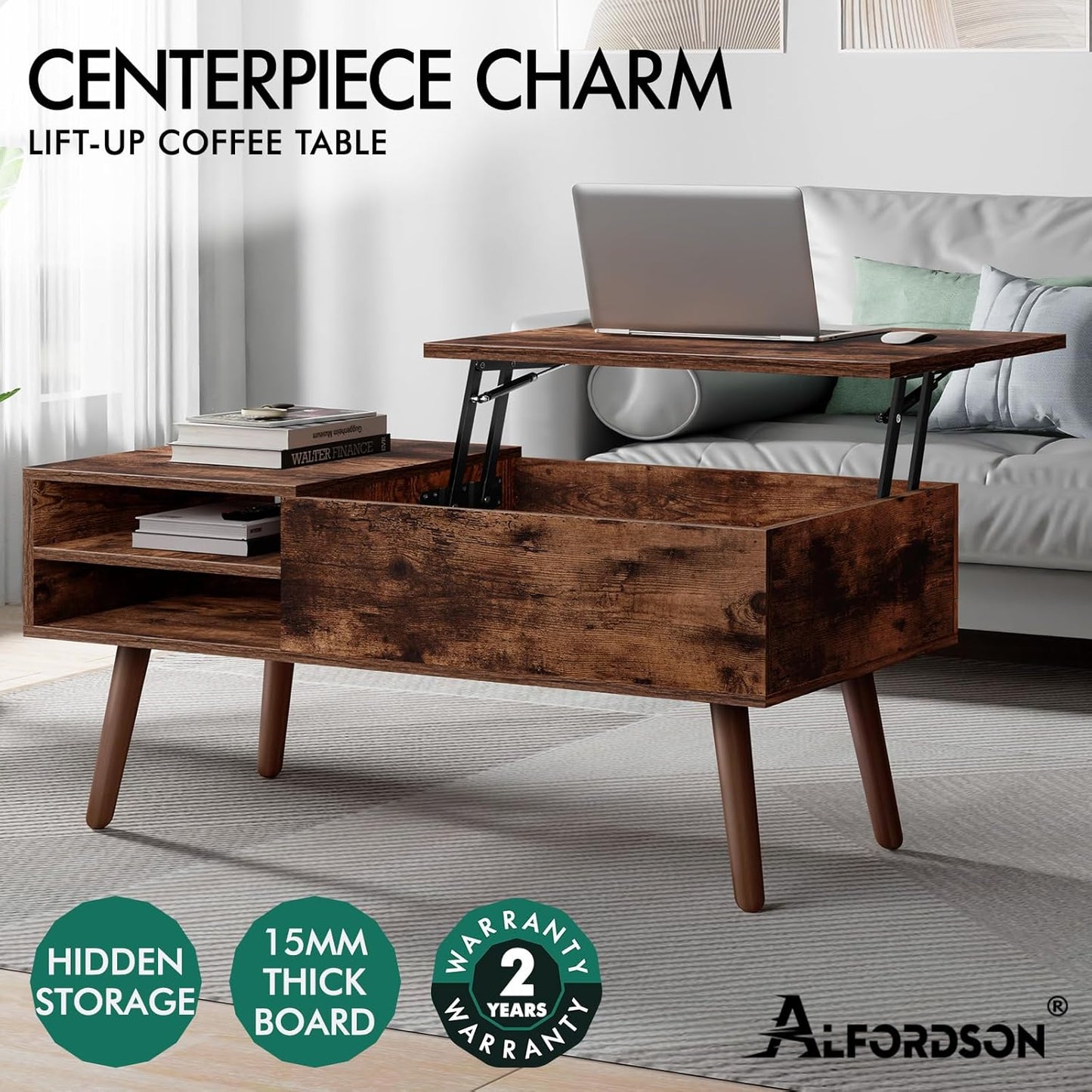 Lift Tabletop Coffee Table Center Table Burnt Wood Colour, Hidden Storage and Side Open Shelves