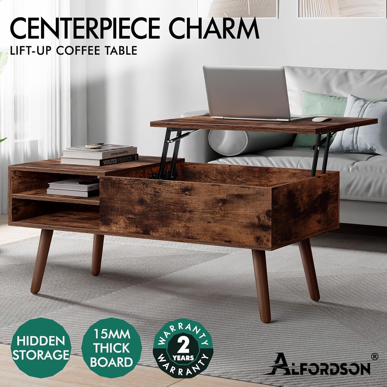 Lift Tabletop Coffee Table Center Table Burnt Wood Colour, Hidden Storage and Side Open Shelves