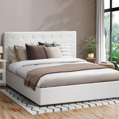 Queen Bed Frame with Storage and Gas Lift Leather Bed White