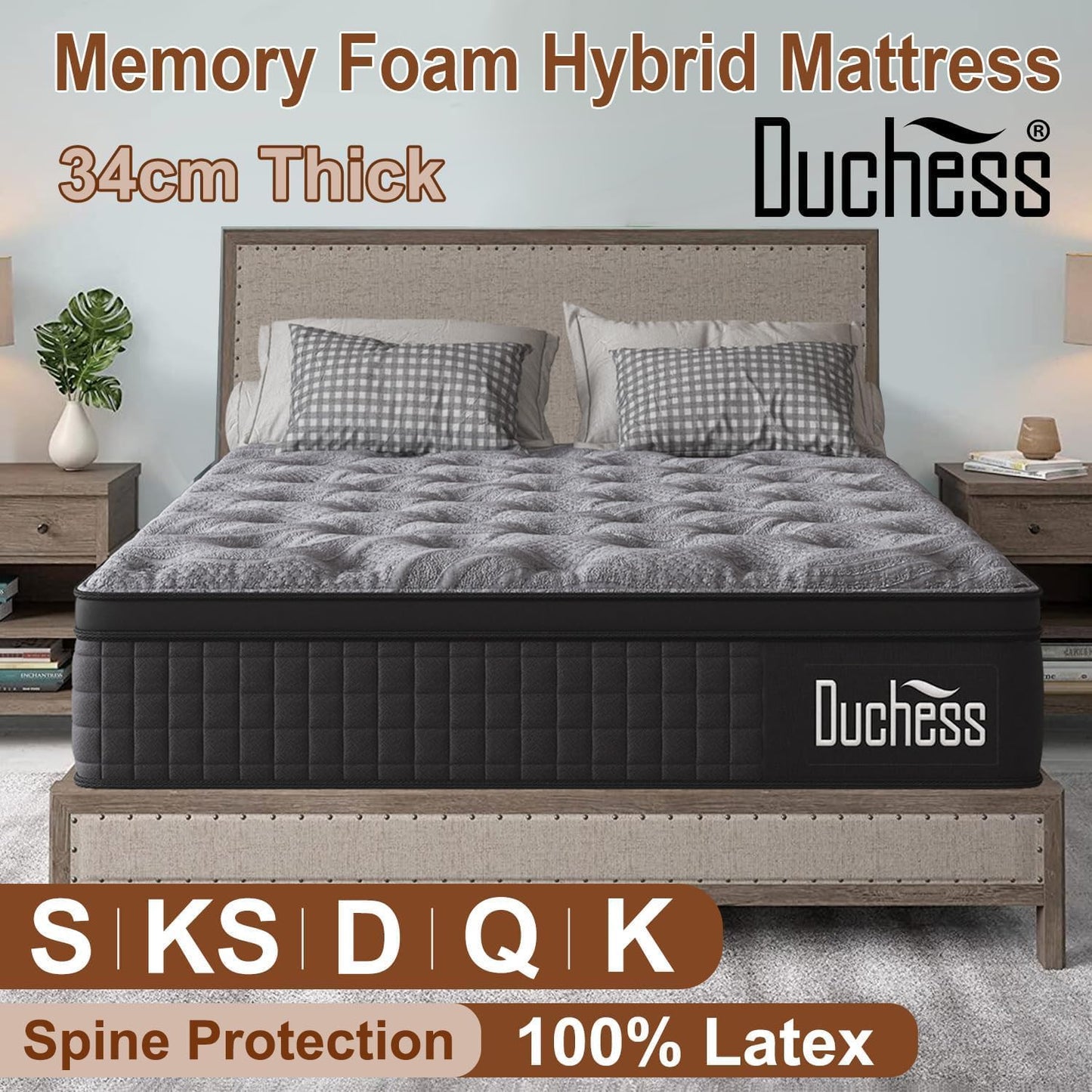 Duchess 34Cm Queen Hybrid Mattress - Mattress Comfortable Memory Foam and Pocket Springs with Pressure Relief Breathable Design Reinforced Edge Support