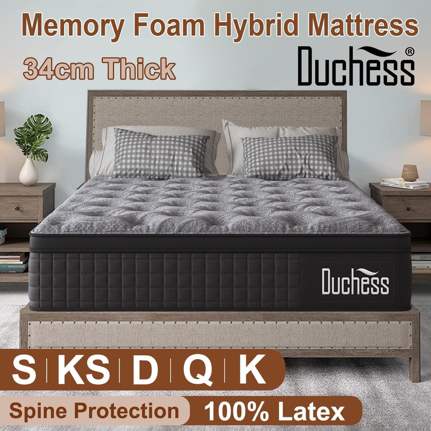 Duchess 34Cm Queen Hybrid Mattress - Mattress Comfortable Memory Foam and Pocket Springs with Pressure Relief Breathable Design Reinforced Edge Support