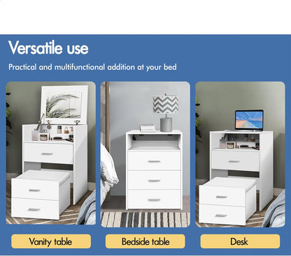 Vanity Desk, Dressing Table with Foldable Mirror and Multi Drawers, Small Makeup Desk with Hidden Stool, Corner Bedside Dressing Desk Chair Set for Bedroom Dressing Room, White