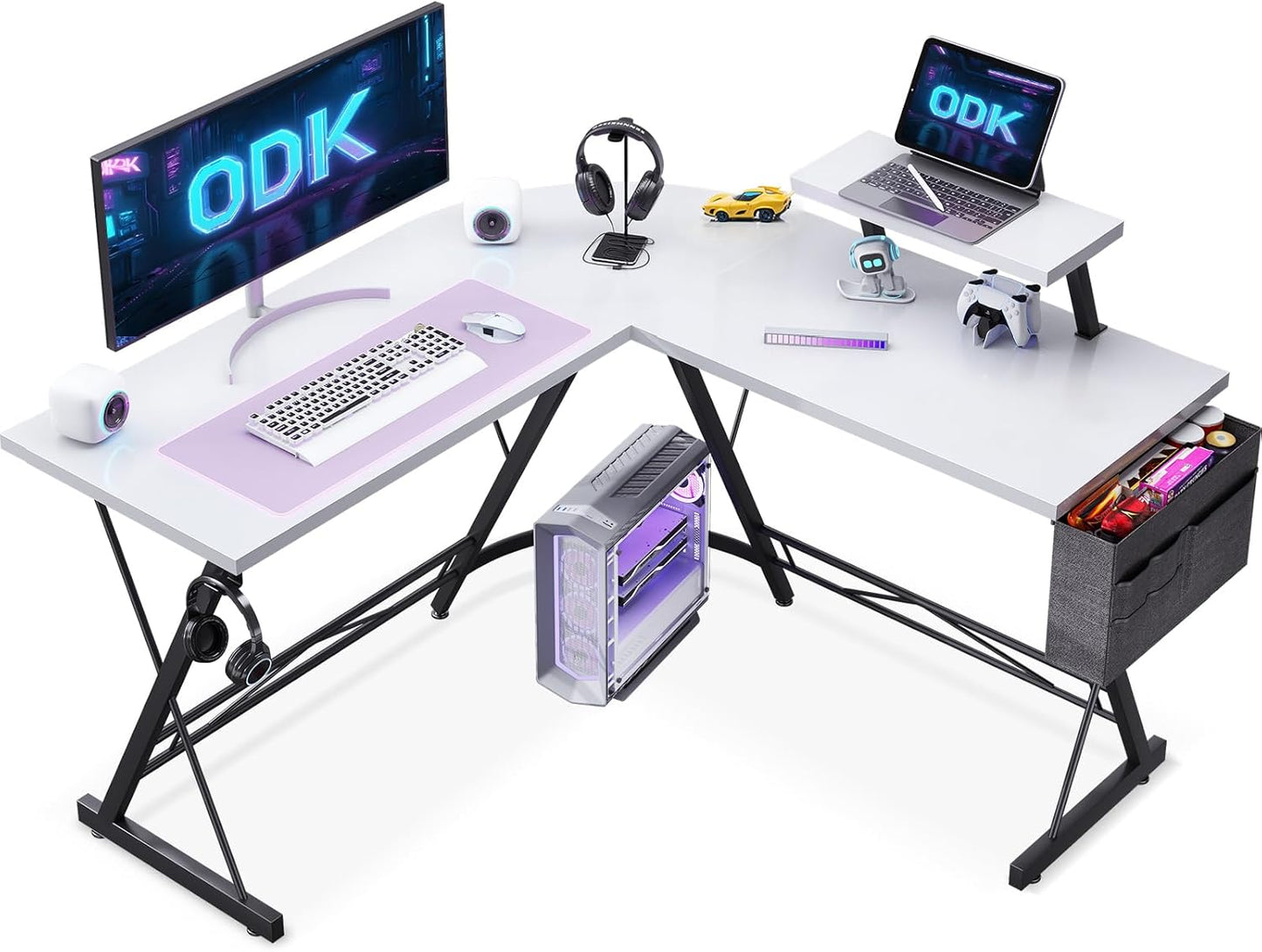 ODK L Shaped Corner Desk, Computer Desk with Monitor Stand, Gaming Desk with round Corner, Computer Workstation for Office Room, Bedroom, Study Room,127 X 127 Cm, Black