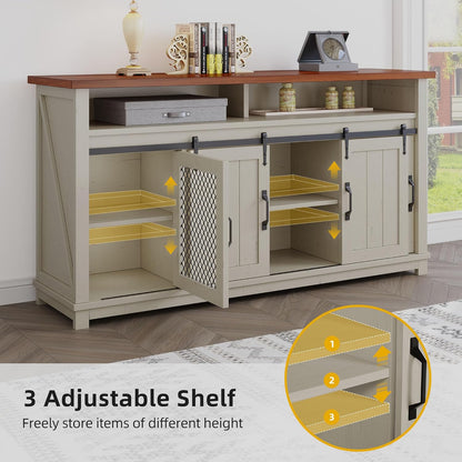 160cm Farmhouse Buffet Cabinet with Storage, Large Coffee Bar Cabinet with 2 Sliding Barn Doors & 2 Visual Grid Doors, Kitchen Sideboard Storage Cabinet for Living Room, White