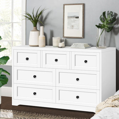 Chest of Drawers, 7-Drawer Dresser with Wooden Knobs, White Sideboard Storage.