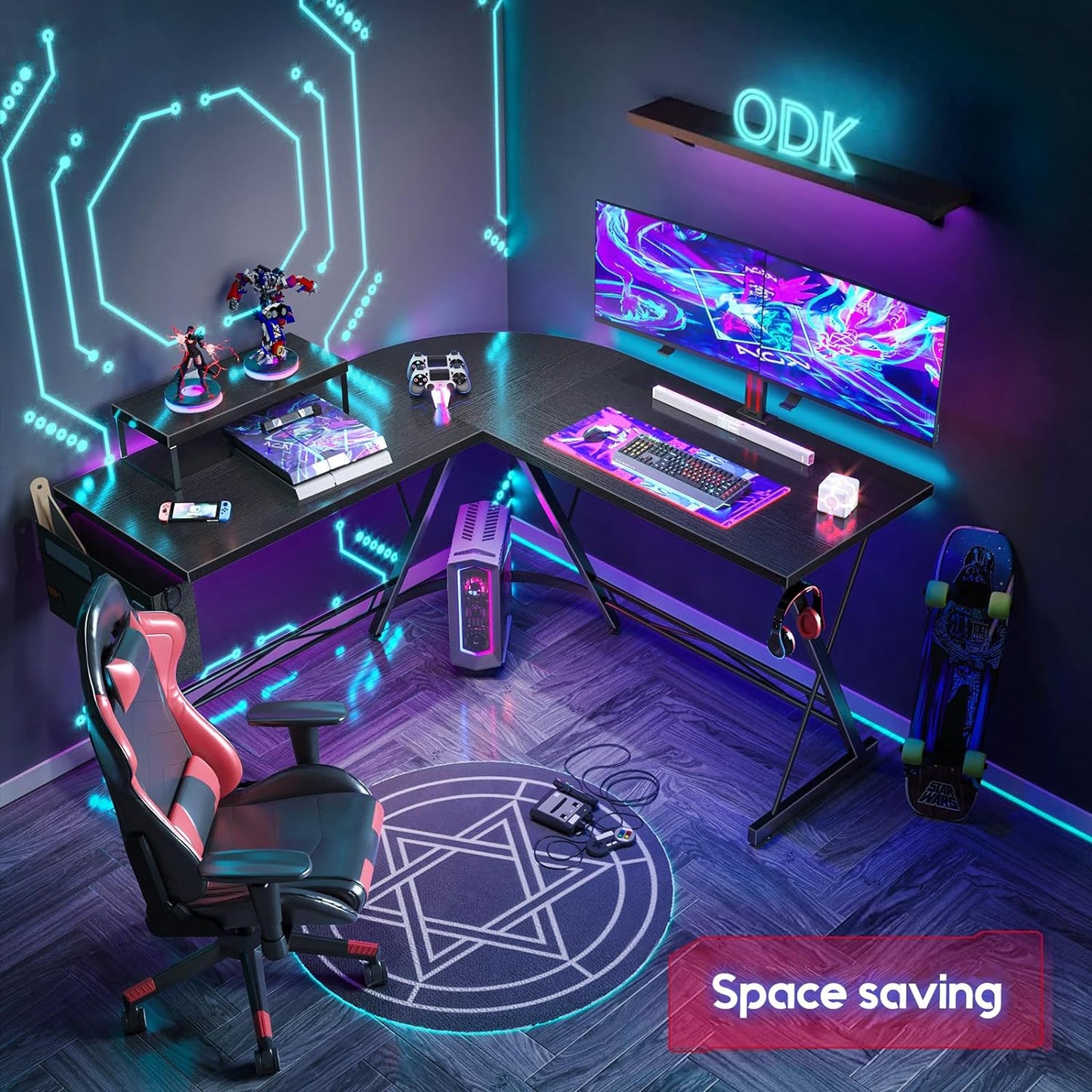ODK L Shaped Corner Desk, Computer Desk with Monitor Stand, Gaming Desk with round Corner, Computer Workstation for Office Room, Bedroom, Study Room,127 X 127 Cm, Black