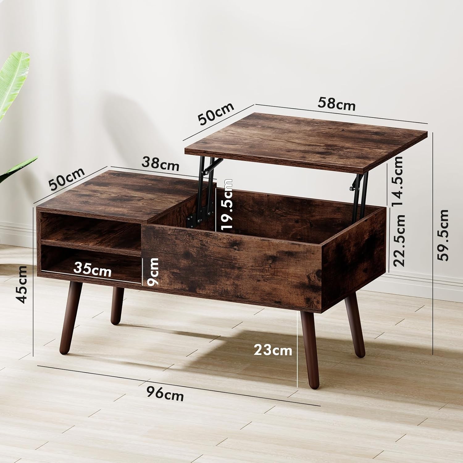Lift Tabletop Coffee Table Center Table Burnt Wood Colour, Hidden Storage and Side Open Shelves
