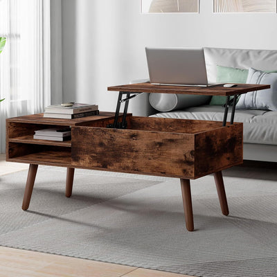 Lift Tabletop Coffee Table Center Table Burnt Wood Colour, Hidden Storage and Side Open Shelves