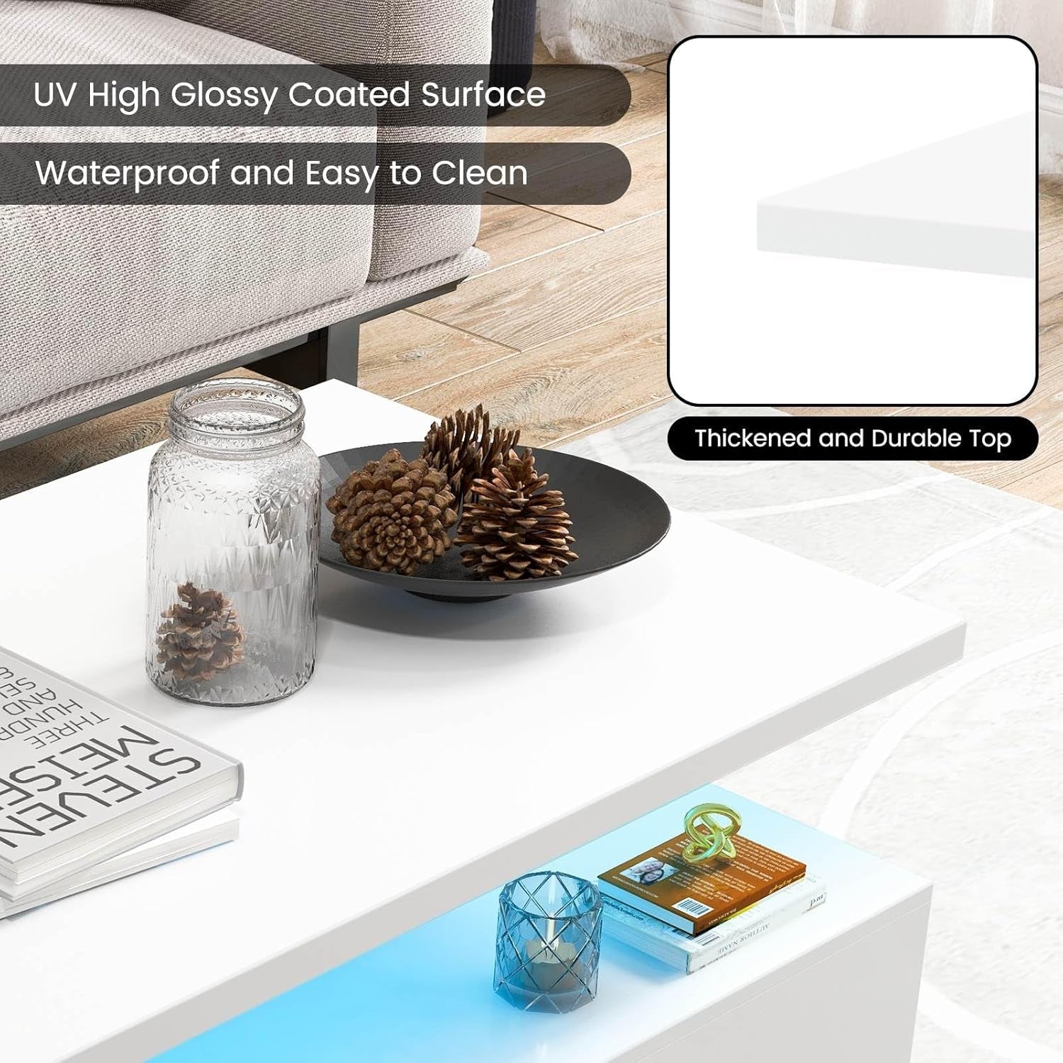 LED Coffee Table, Modern 2-Tier High Glossy White Coffee Table with Adjustable Light Colours, Speed & Brightness, (White)