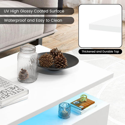 LED Coffee Table, Modern 2-Tier High Glossy White Coffee Table with Adjustable Light Colours, Speed & Brightness, (White)