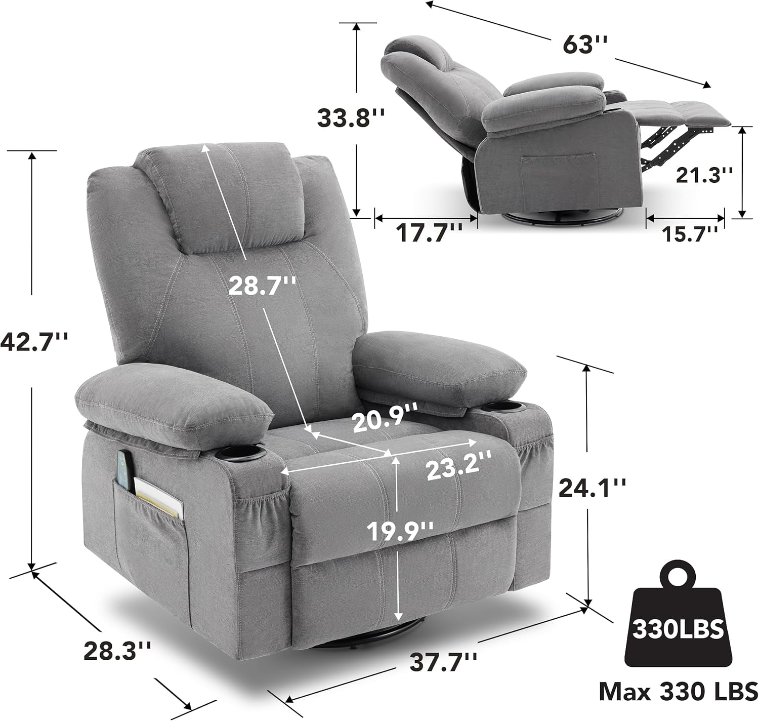 Weture Swivel Rocker Recliner Chair with Heat and Massage, 360 Degree Swivel Rocking Single Sofa with Cup Holders and USB Port, Big Large Oversized Recliner Chair for Living Room (Fabric, Grey)