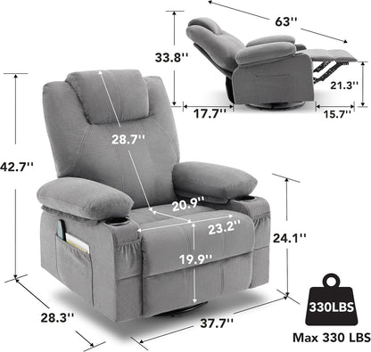 Weture Swivel Rocker Recliner Chair with Heat and Massage, 360 Degree Swivel Rocking Single Sofa with Cup Holders and USB Port, Big Large Oversized Recliner Chair for Living Room (Fabric, Grey)