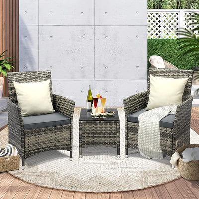 3Pcs Outdoor Furniture Table and Chairs with Pillow Grey