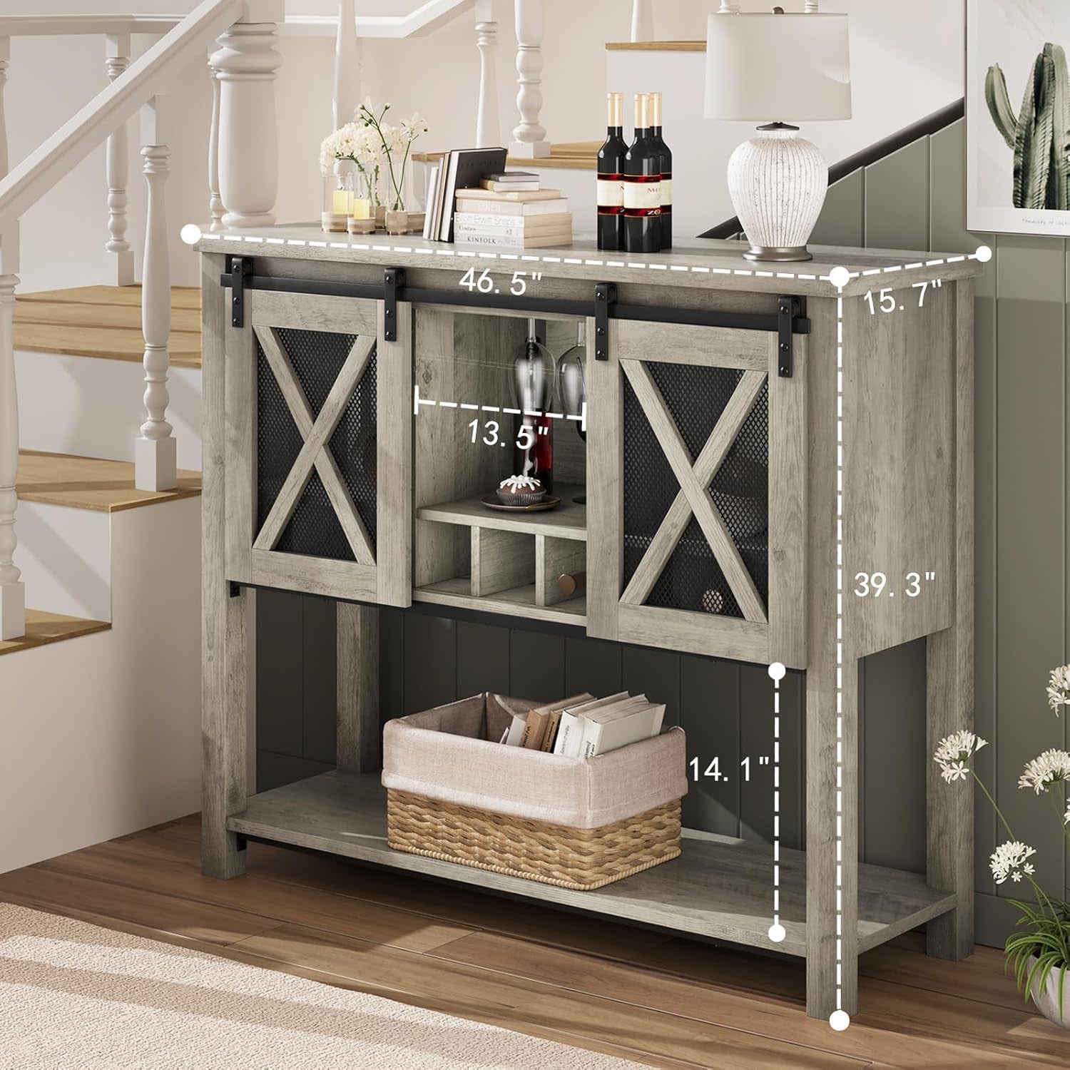 Coffee Bar Cabinet, Sideboard Buffet Storage Cabinet with Storage, Farmhouse Wine Bar Cabinet with Wine Glass Rack, Liquor Cabinet Bar for Home, Kitchen, Dining, Living Room, Grey
