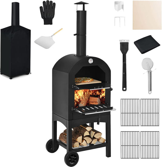 Costway Portable Outdoor Pizza Oven, Patio Pizza Grill, Wood-Fired Pizza Maker W/Pizza Stone, Waterproof Cover and Pizza Peel, Camping Pizza Cooker, Wood-Fired Pizza Heater for Backyard, Black