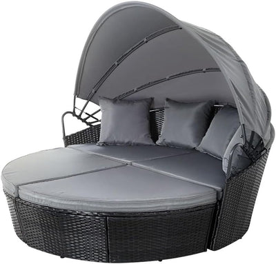 Outdoor Sun Lounge with Canopy Cushion Pillow Modular Design Black Set of 3