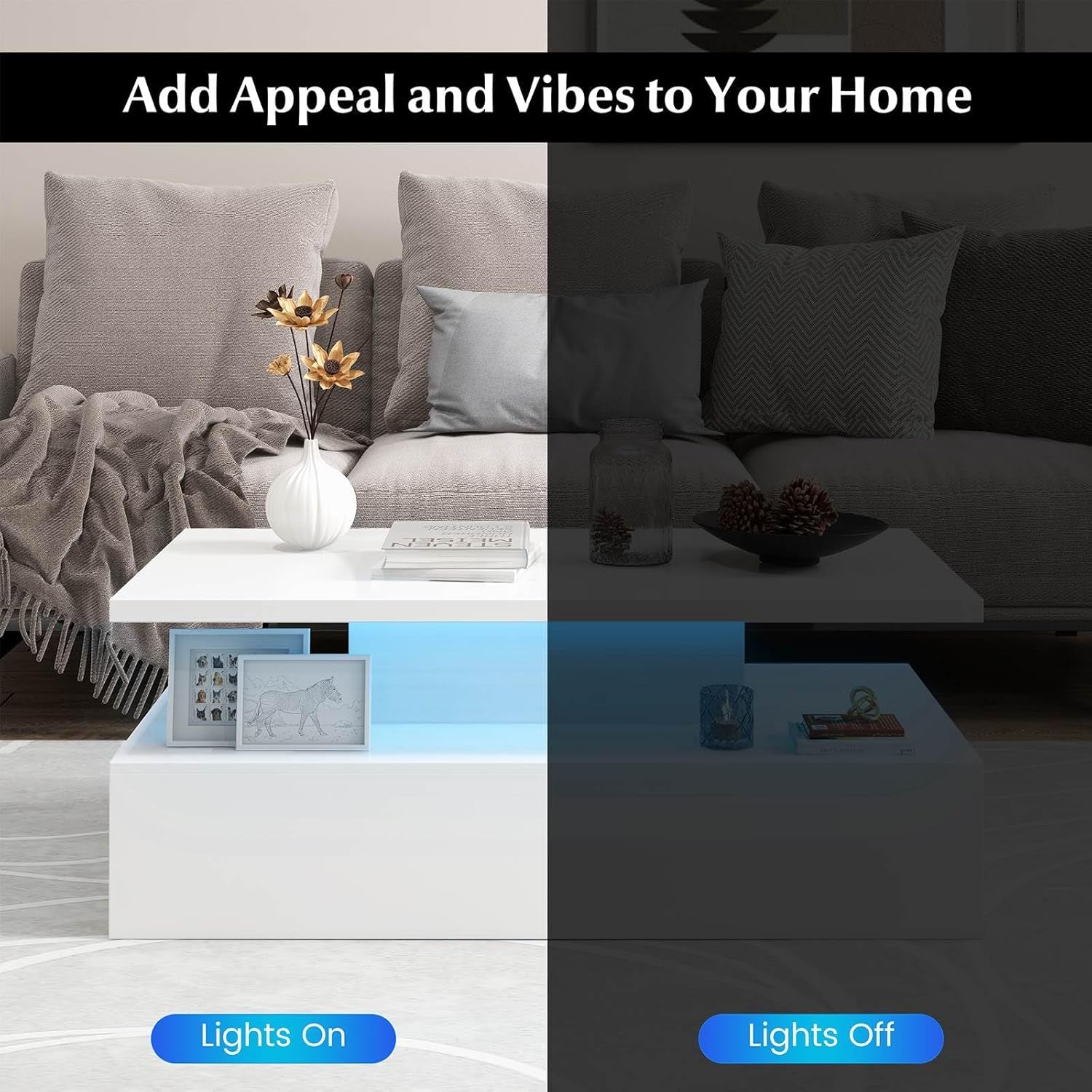 LED Coffee Table, Modern 2-Tier High Glossy White Coffee Table with Adjustable Light Colours, Speed & Brightness, (White)