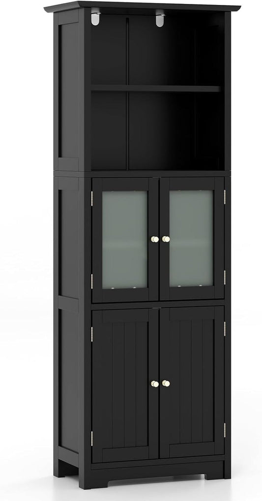 Giantex 163Cm Bathroom Storage Cabinet, Kitchen Pantry Cupboard with Glass Doors, Open Storage Shelves & 3-Level Adjustable Shelves, Tall Storage Buffet Sideboard for Living Room Kitchen, Black