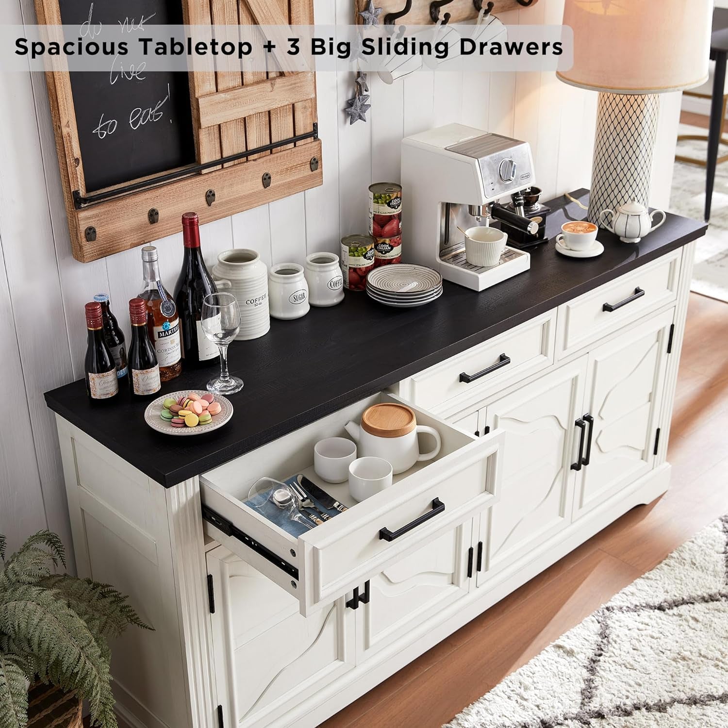 Farmhouse Buffet Sideboard Cabinet, 66" Buffet Table Coffee Bar Wine Bar Cabinet with Drawers and Doors, Kitchen Sideboard Storage Cabinet for Dining Room