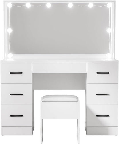 Vanity Table, 10 Bulbs LED Mirror Makeup Stool Set, 7 Drawers Shelves Wide Tabletop White