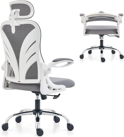 HOLLUDLE Ergonomic Office Chair with Foldable Backrest, Computer Desk Chair with Flip-Up Armrests, Mesh Lumbar Support and 2D Headrest Big and Tall Office Chair, White