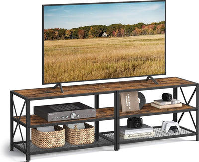TV Stand, TV Console for Tvs up to 70 Inches, TV Table, 63 Inches Width, TV Cabinet with Storage Shelves, Steel Frame, for Living Room, Bedroom, Rustic Brown and Black ULTV095B01