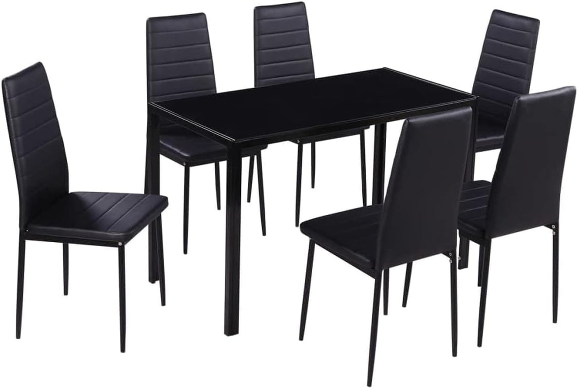 Seven Piece Dining Table Set Black,Modern Black Tempered Glass Dining Table Set with Comfortable Artificial Leather Chairs for 6 Dining Furniture Sets