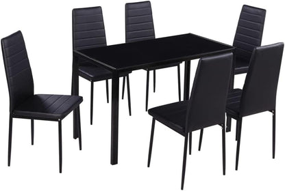 Seven Piece Dining Table Set Black,Modern Black Tempered Glass Dining Table Set with Comfortable Artificial Leather Chairs for 6 Dining Furniture Sets